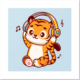 Cute Tiger Listening Music With Headphone Cartoon Posters and Art